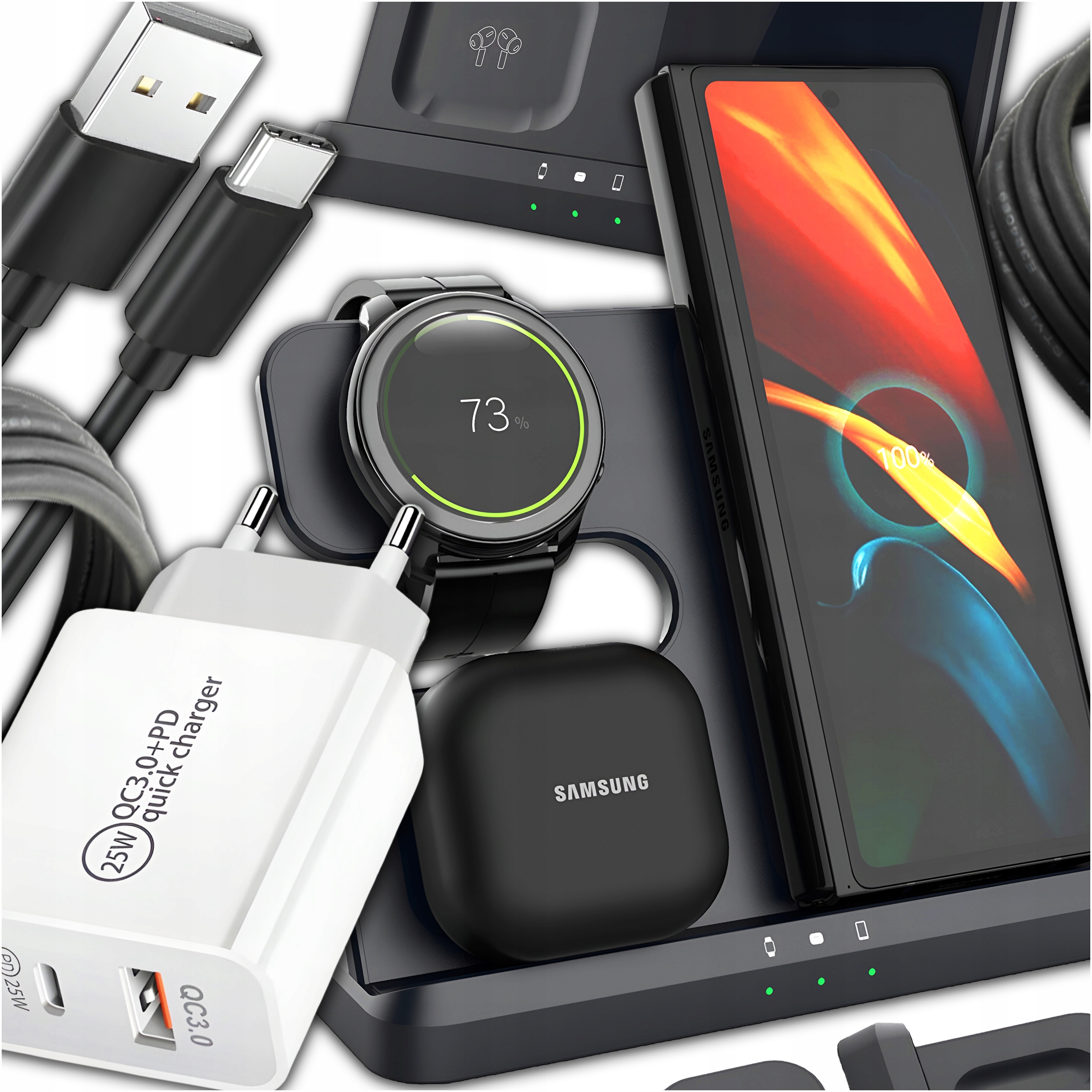 Rýchla bezdrôtová indukčná nabíjačka pre Samsung 3v1 + SIEŤOVÁ NABÍJAČKA PRE RÝCHLY TELEFÓN 2X USB USB-C 25W PD QC 3.0